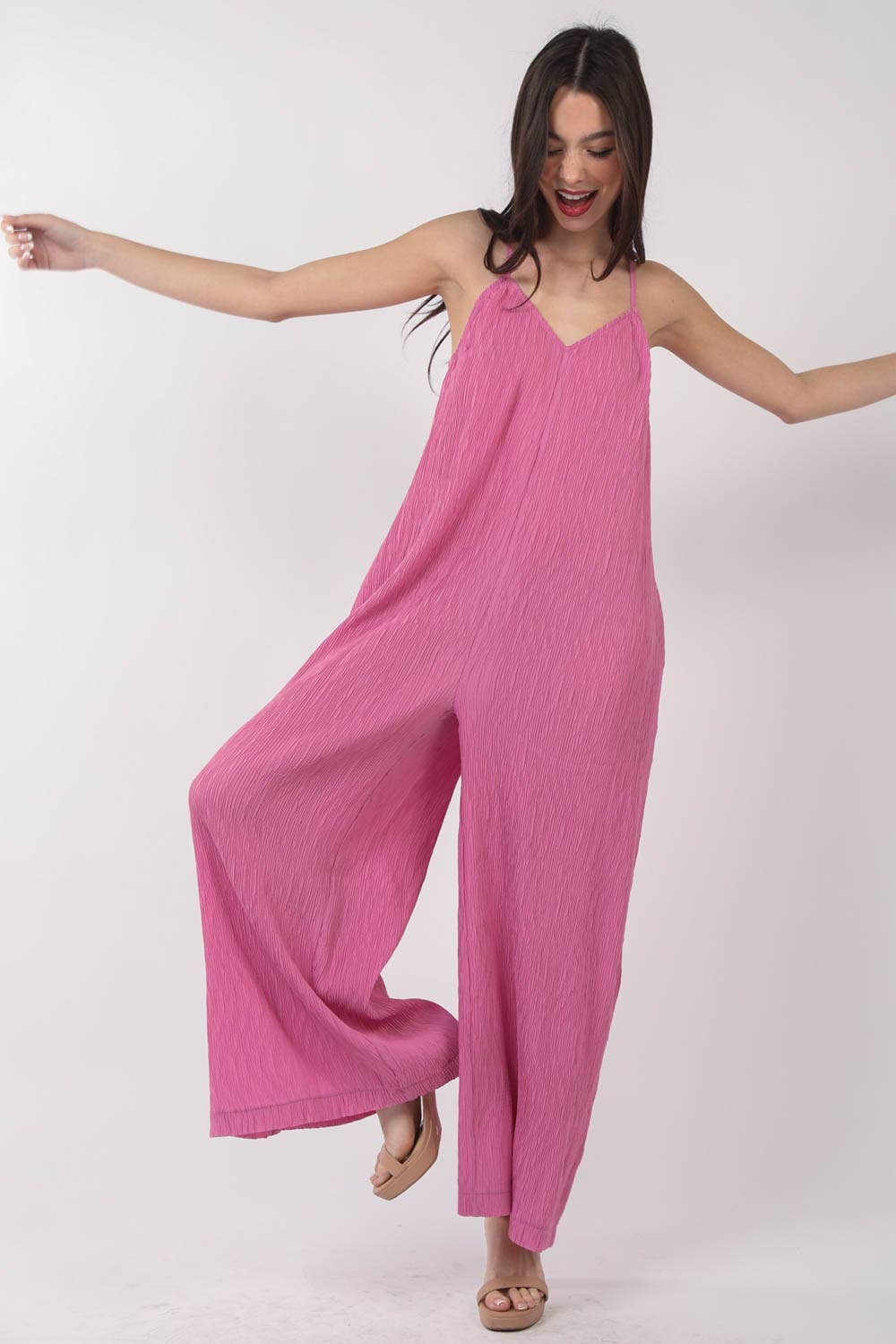 Pink Sleeveless Pleated Wide Leg Jumpsuit with Pockets