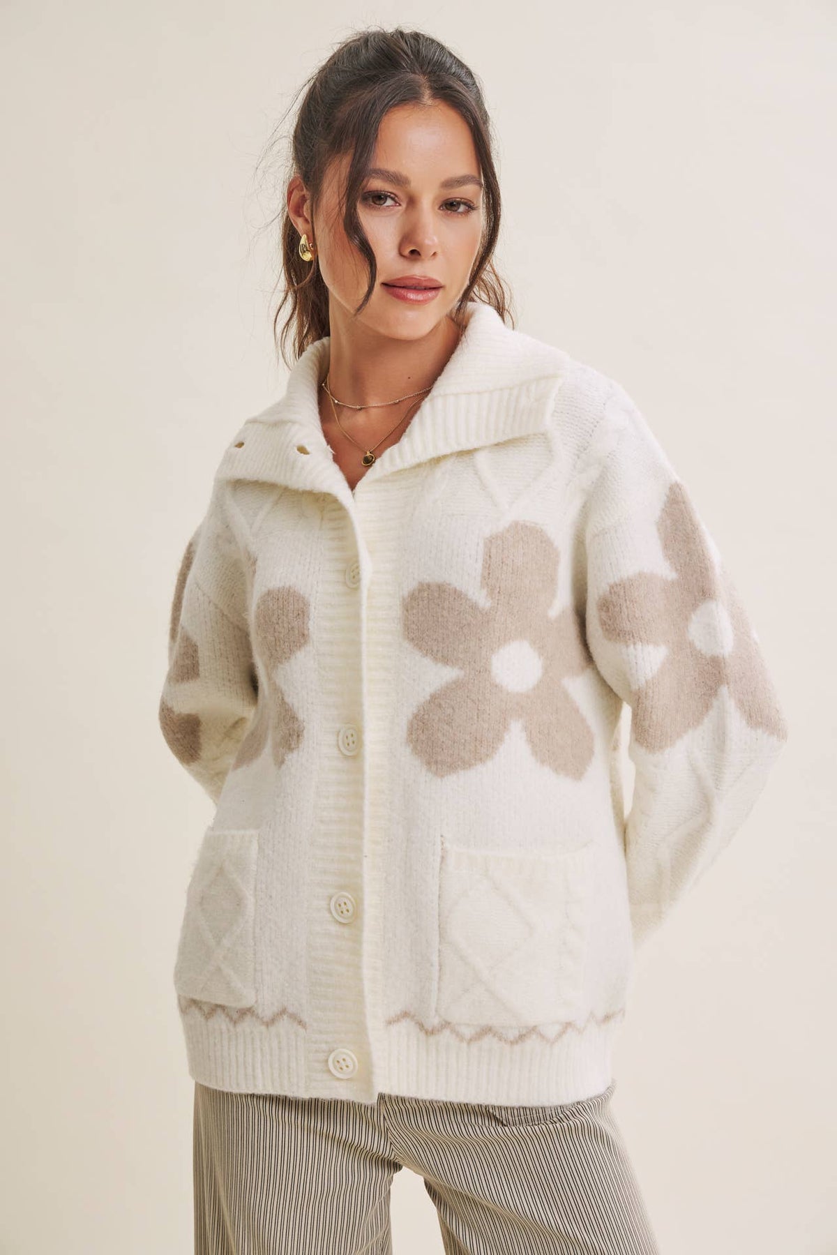 French Cottage Floral Intarsia Sweater Jacket Cardigan