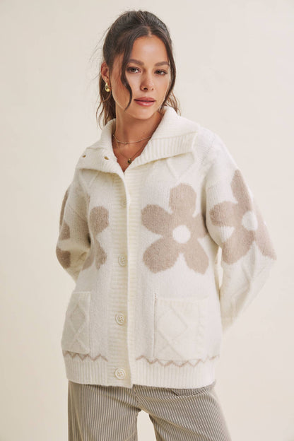French Cottage Floral Intarsia Sweater Jacket Cardigan
