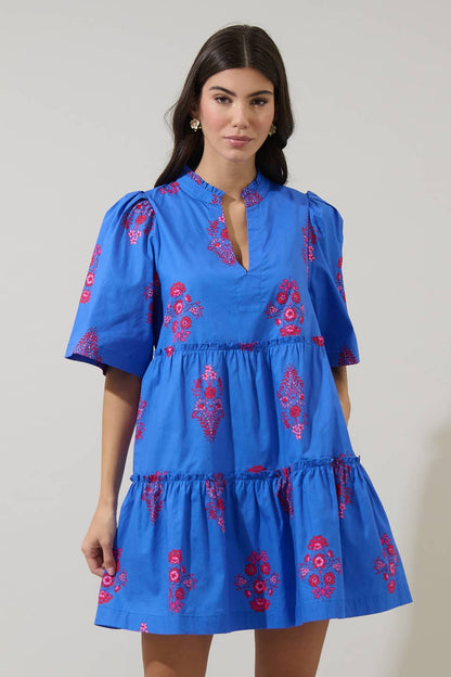 Blue with Pink Floral Dixie Split Neck Shift Dress