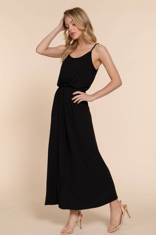 Black Fitted Waist Elastic Midi Cami Knit Dress