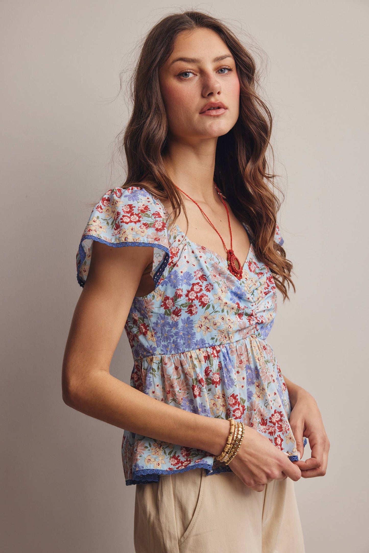 Floral Ruched Peplum Cotton Top