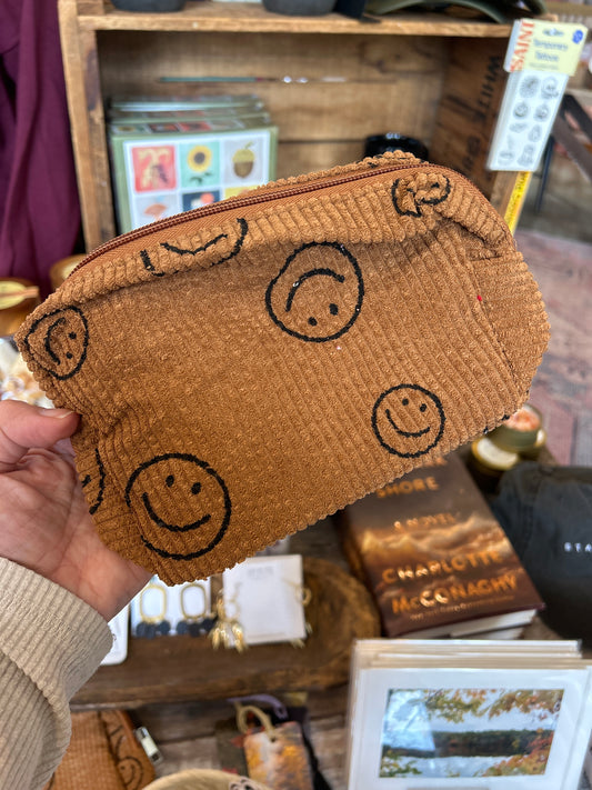 Printed Smiley Face Corduroy Toiletry Bag Pouch