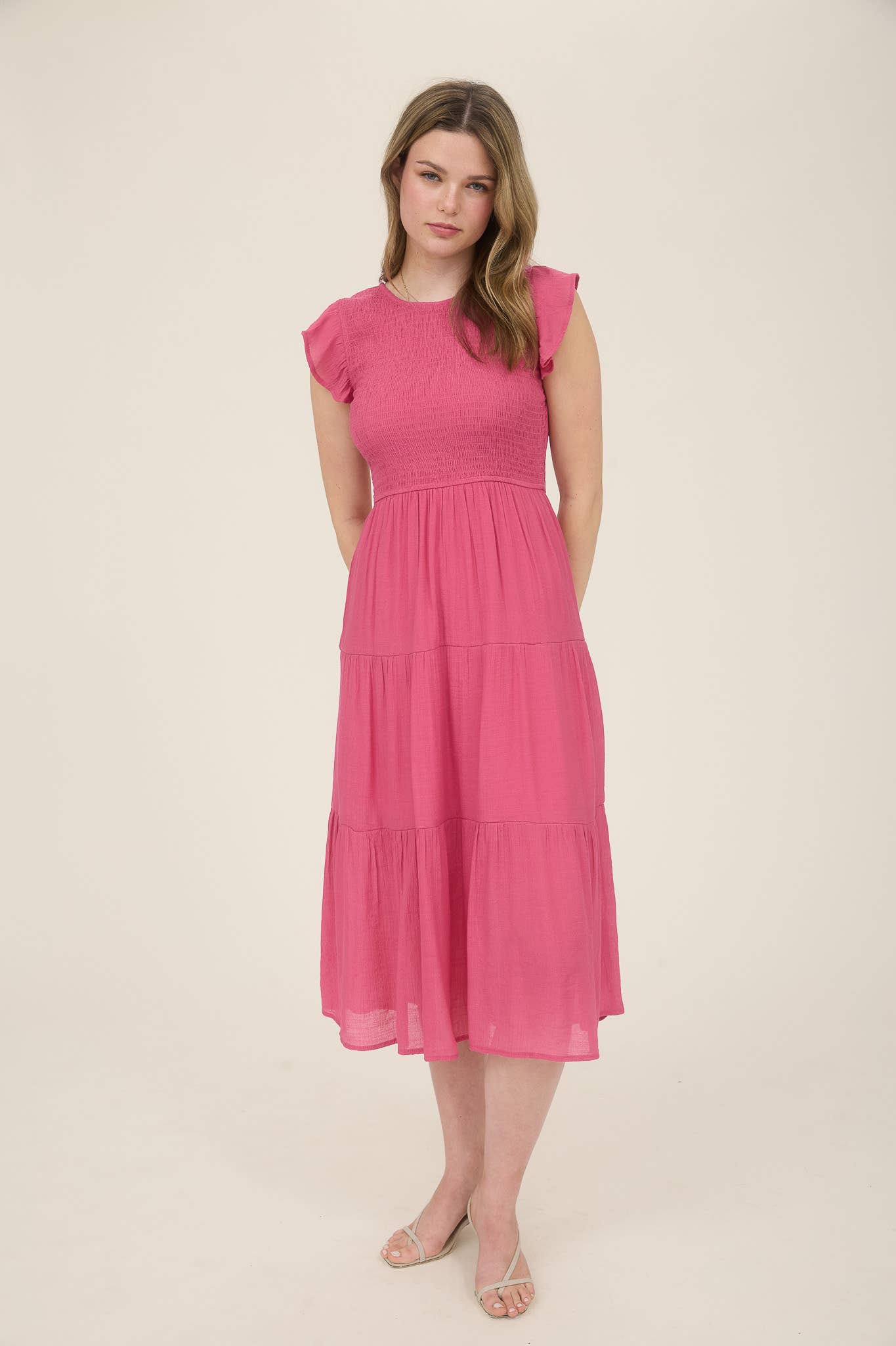 Pink Smocked Top Tiered Midi Dress
