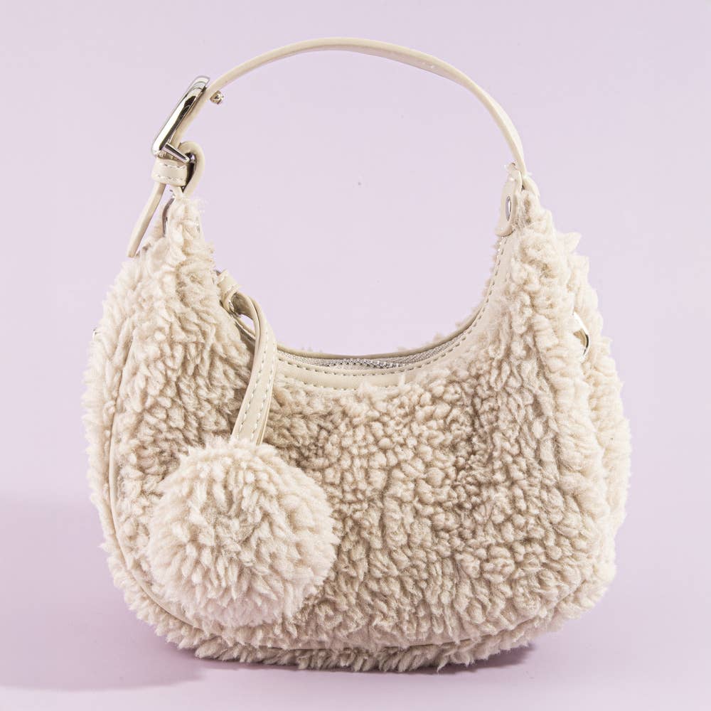 Sherpa Fleece Pom Charm Hobo Bag