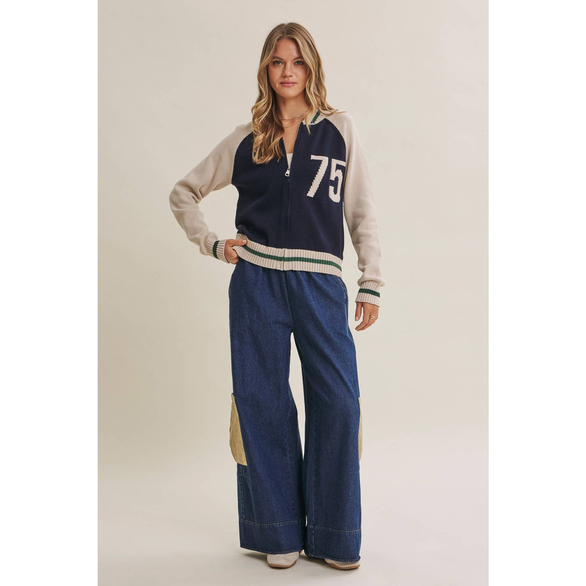 Varsity Collegiate Zip Front Cotton Sweater Bomber Jacket