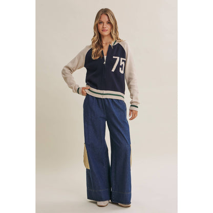 Varsity Collegiate Zip Front Cotton Sweater Bomber Jacket