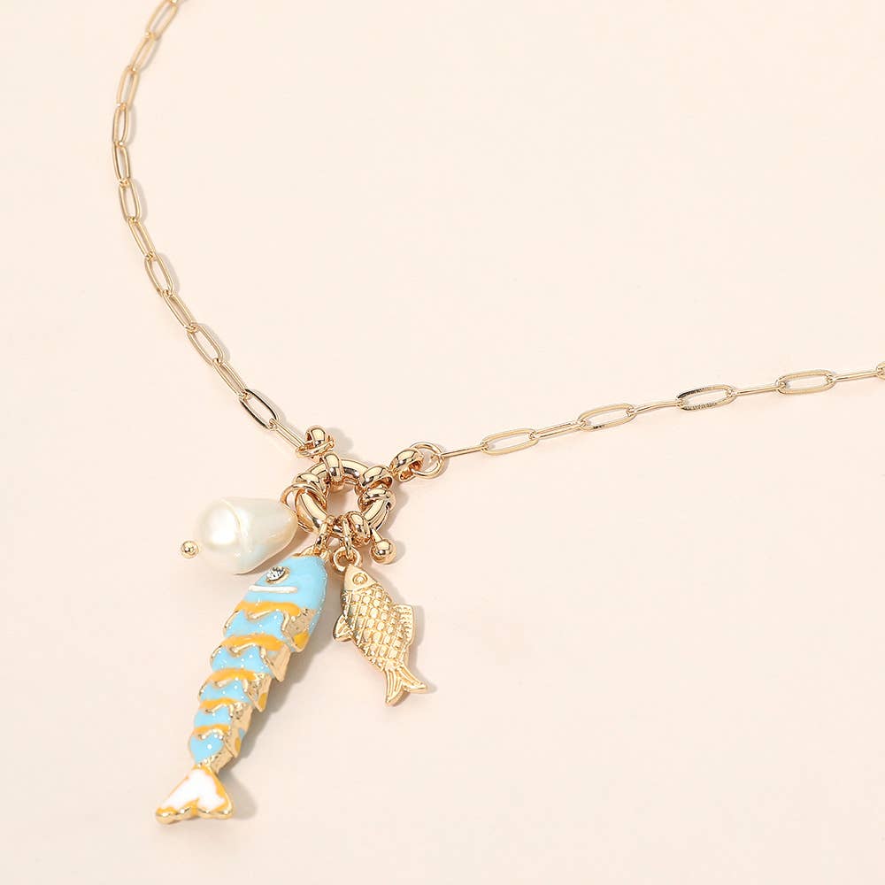 Pearl Fish Charm Pendant Necklace