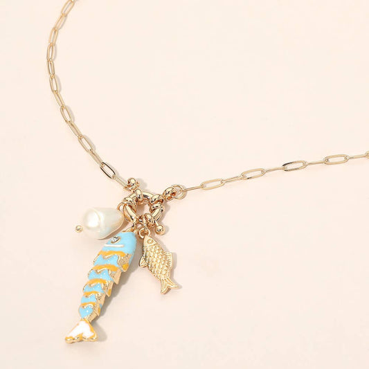 Pearl Fish Charm Pendant Necklace