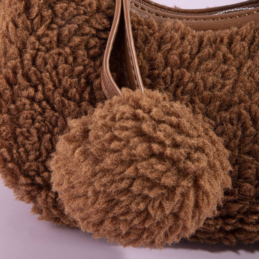 Sherpa Fleece Pom Charm Hobo Bag