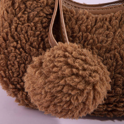 Sherpa Fleece Pom Charm Hobo Bag