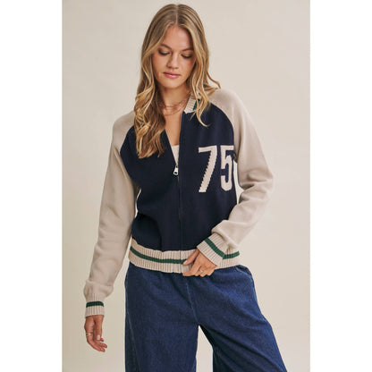 Varsity Collegiate Zip Front Cotton Sweater Bomber Jacket