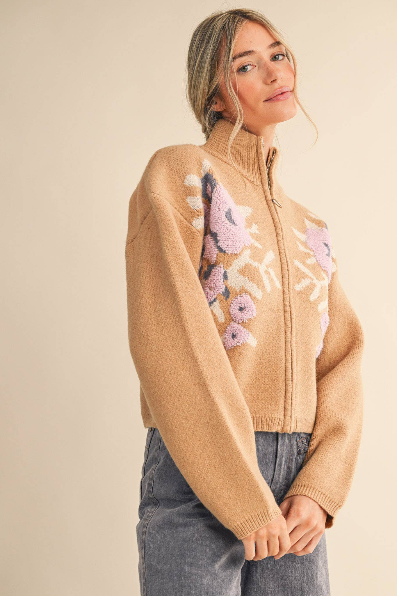 Floral Zip Up Sweater Cardigan