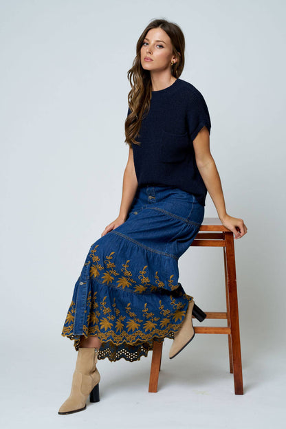 Navy Drop Shoulder Short Sleeve Sweater with Pocket