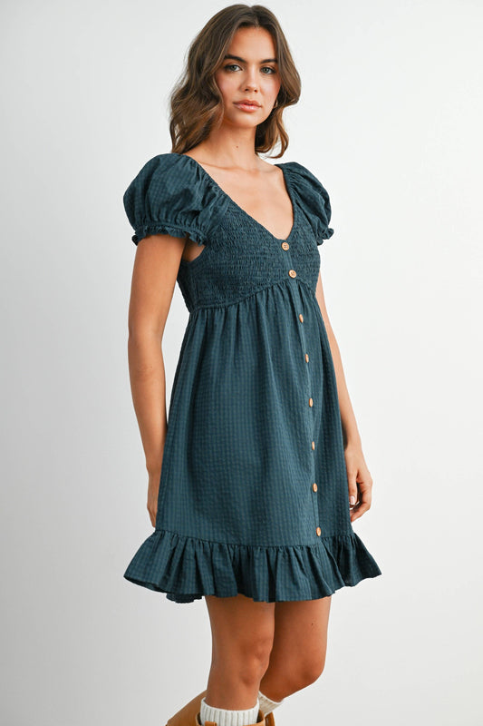 Dark Green Gingham Button-Front Mini Dress