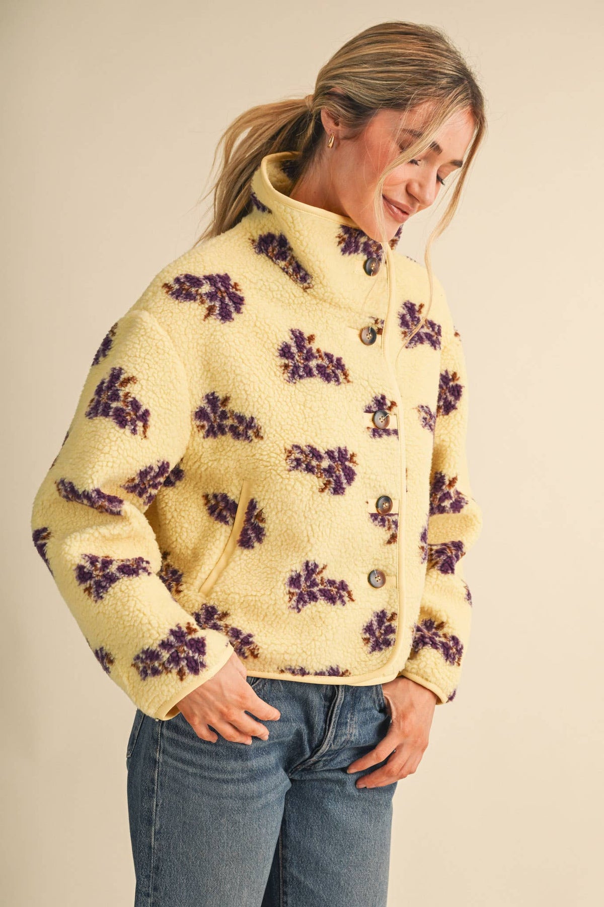 Lemon Floral Faux Sherpa Jacket