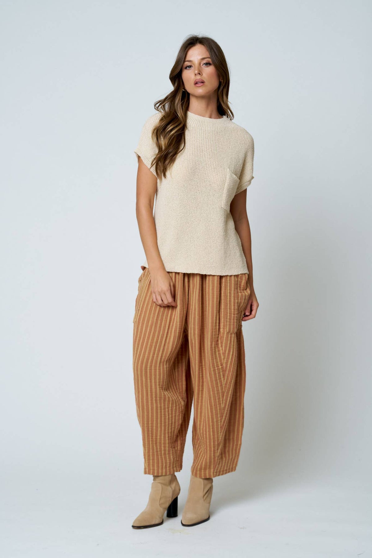 Outmeal Drop Shoulder Short Sleeve Sweater with Pocket