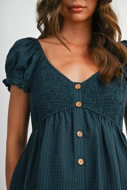 Dark Green Gingham Button-Front Mini Dress