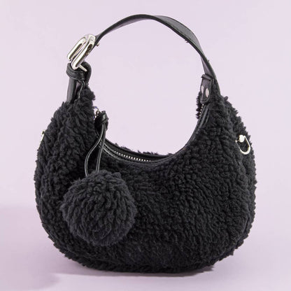 Sherpa Fleece Pom Charm Hobo Bag