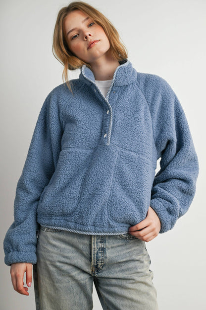 Blue Casual Half Button Fleece Sweatshirt
