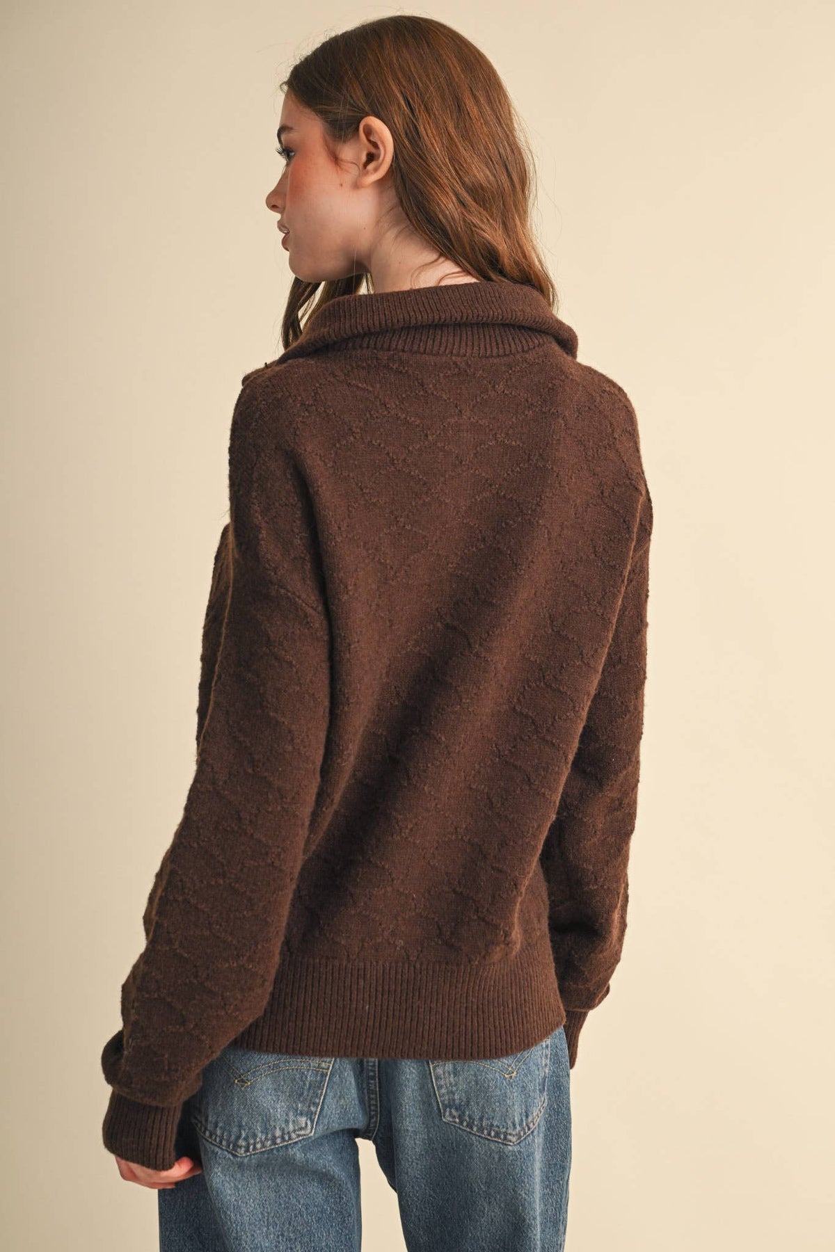 Shell Stitch Chocolate Brown Mock Neck Half Zip Pullover Sweater