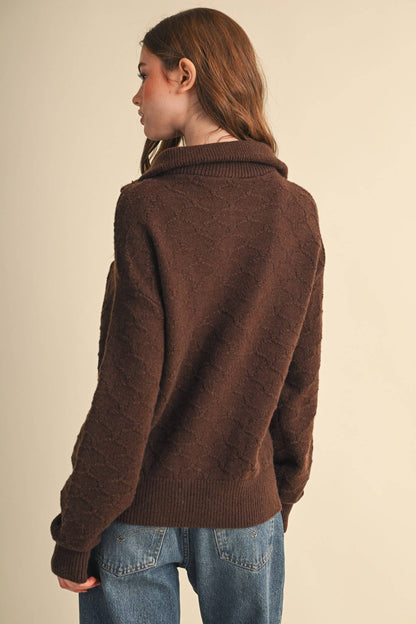 Shell Stitch Chocolate Brown Mock Neck Half Zip Pullover Sweater