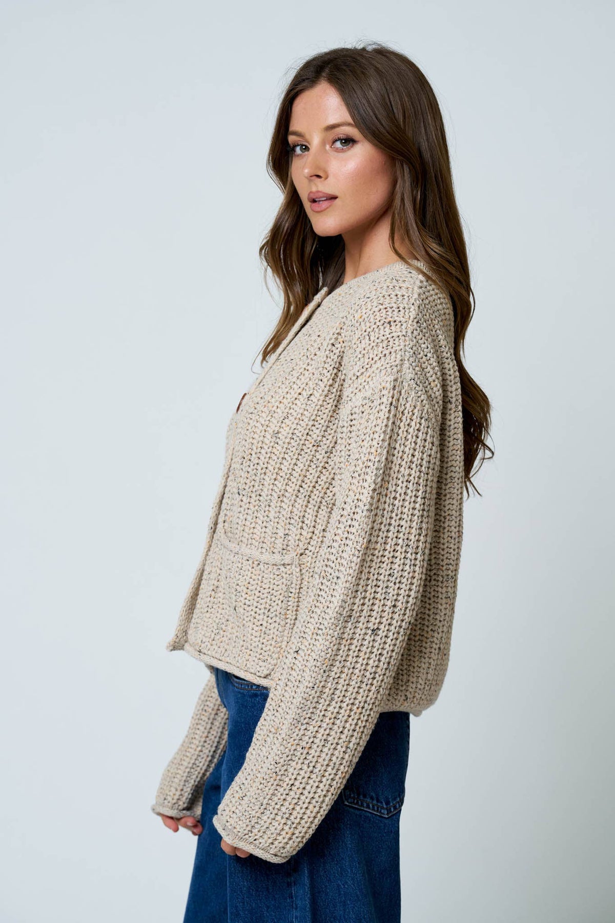 Light Khaki Button Down Raw Edge Chunky Knit Cardigan