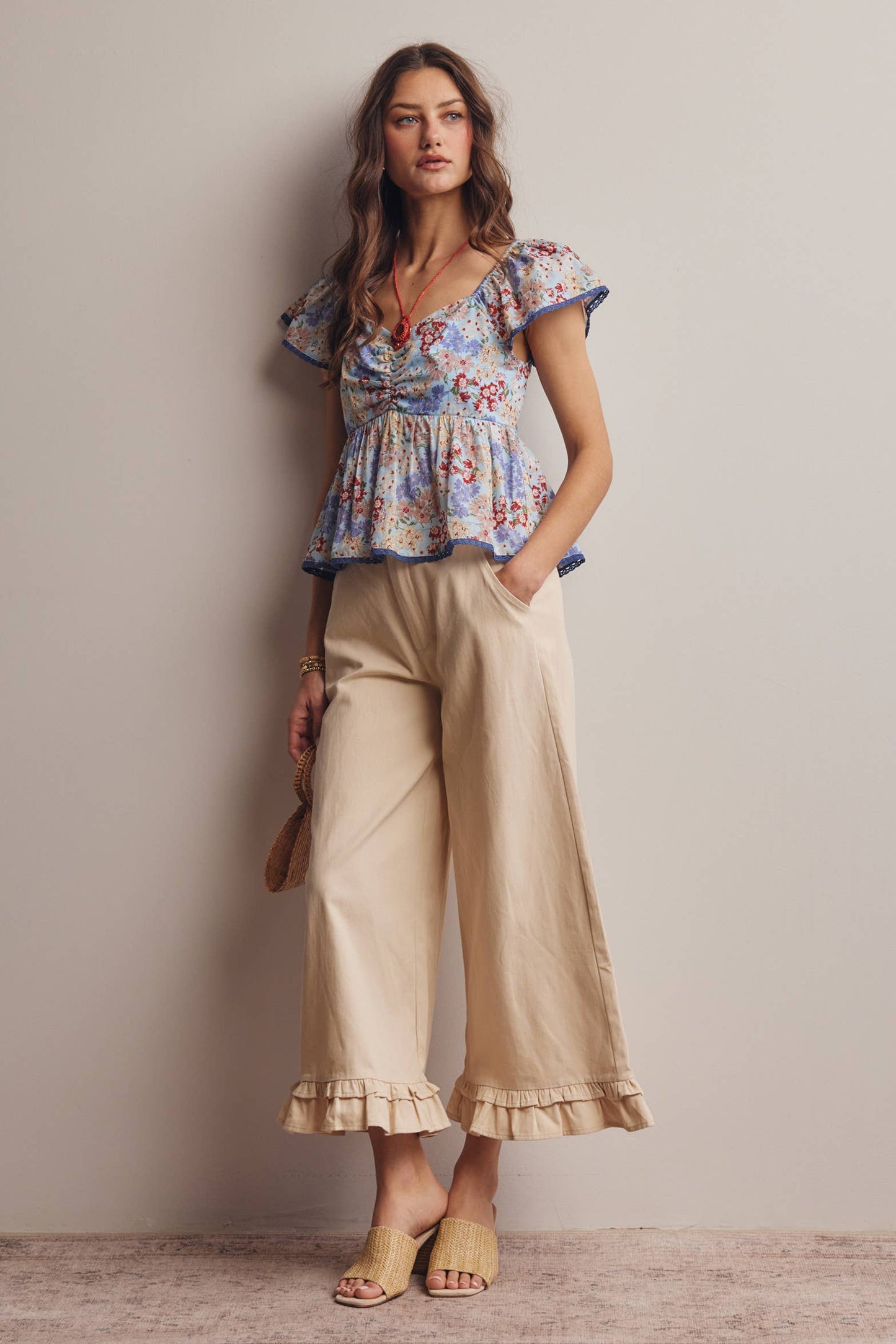 Floral Ruched Peplum Cotton Top