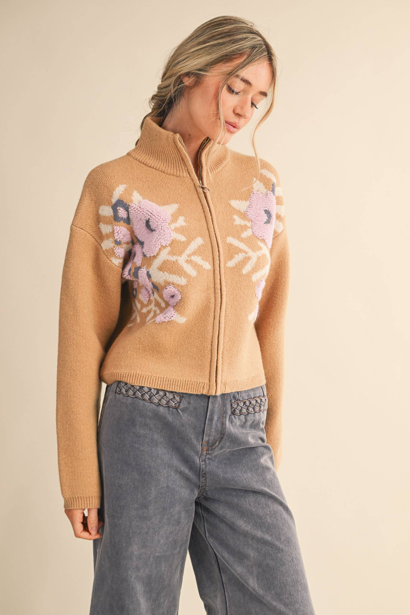 Floral Zip Up Sweater Cardigan