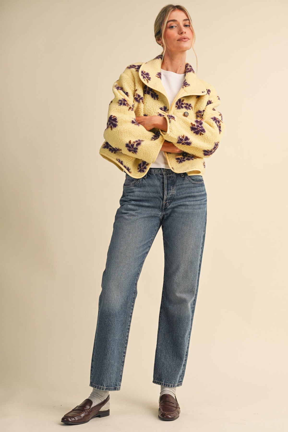 Lemon Floral Faux Sherpa Jacket