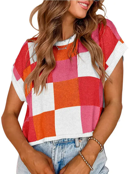 Color Block Checkered Cap Sleeve Sweater Top
