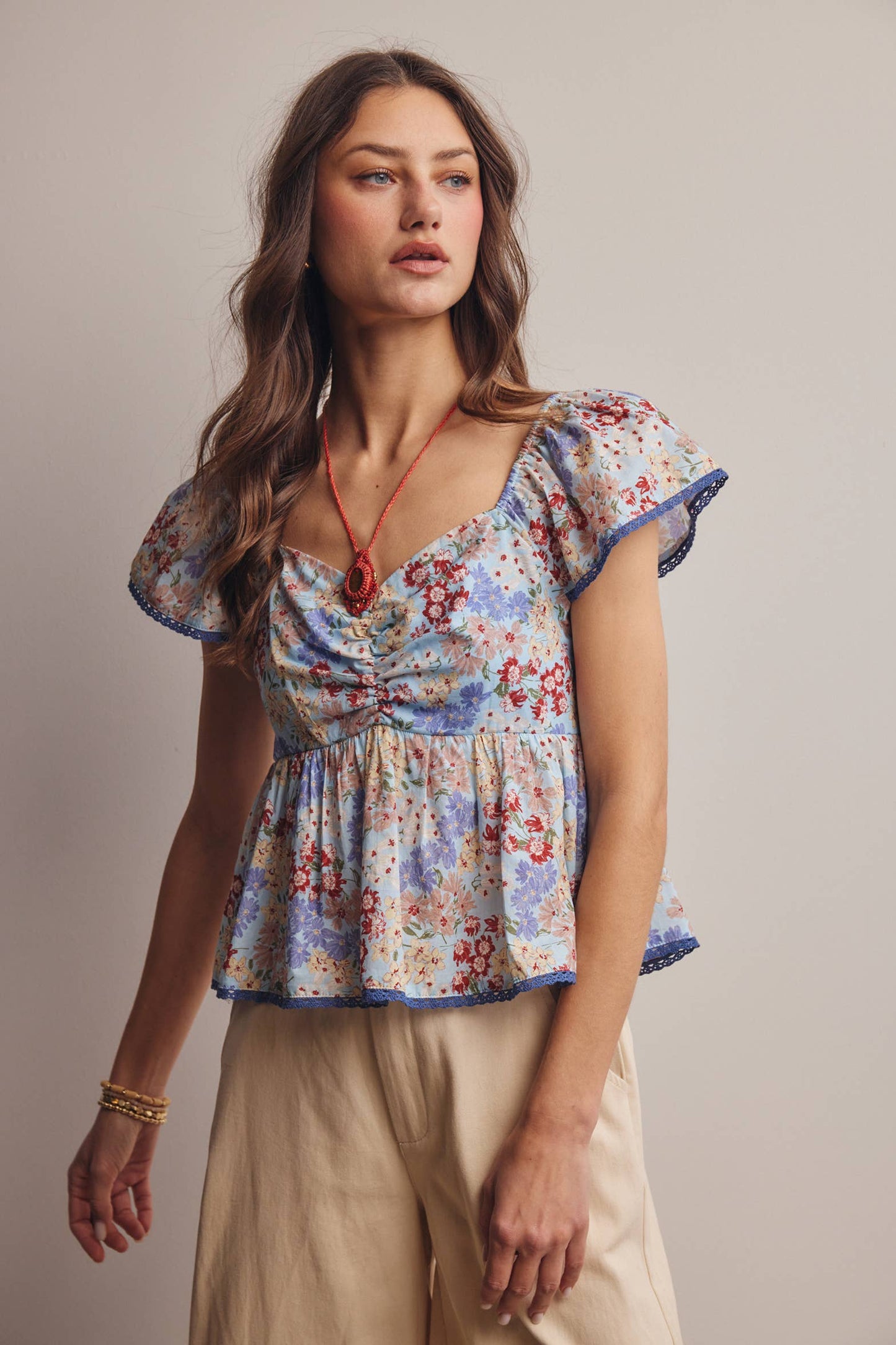 Floral Ruched Peplum Cotton Top