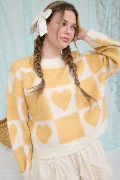 Butter Yellow Heart Checkered Crew Neck Sweater