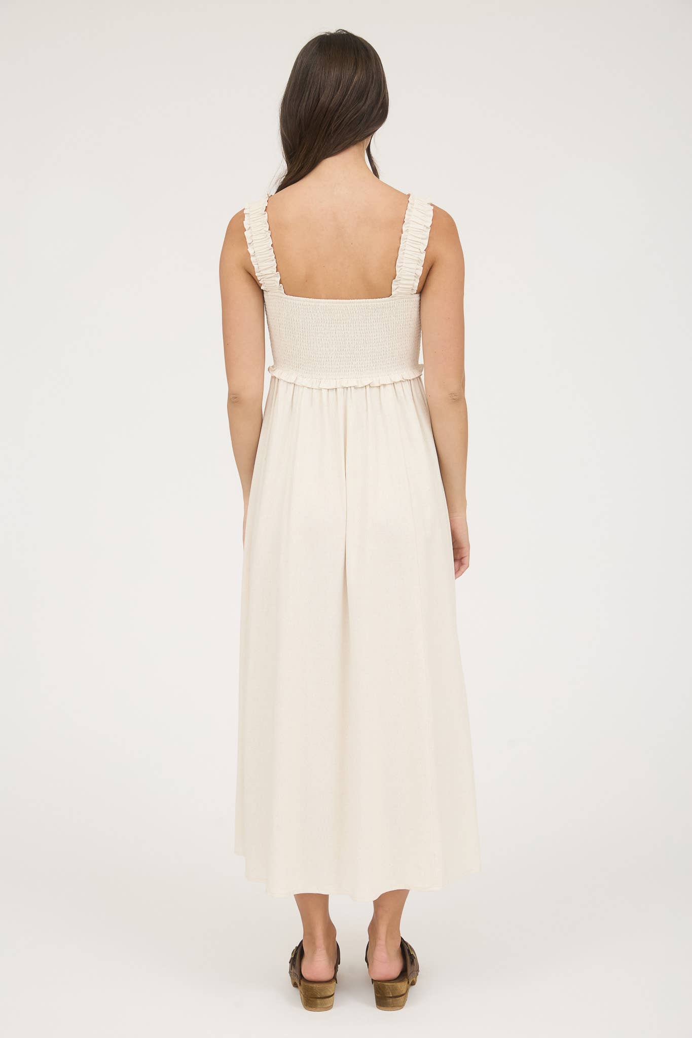 Ivory Smocked Sleeveless Button Down Midi Dress