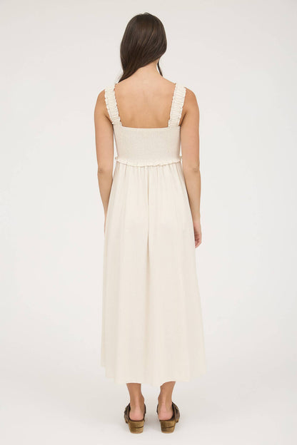 Ivory Smocked Sleeveless Button Down Midi Dress
