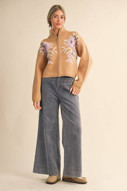 Floral Zip Up Sweater Cardigan