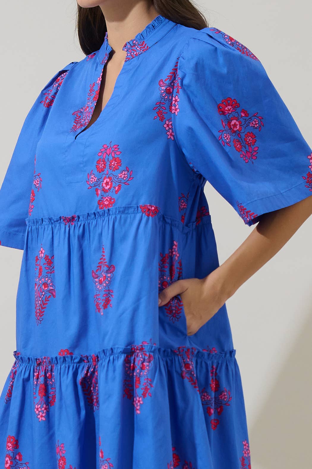 Blue with Pink Floral Dixie Split Neck Shift Dress