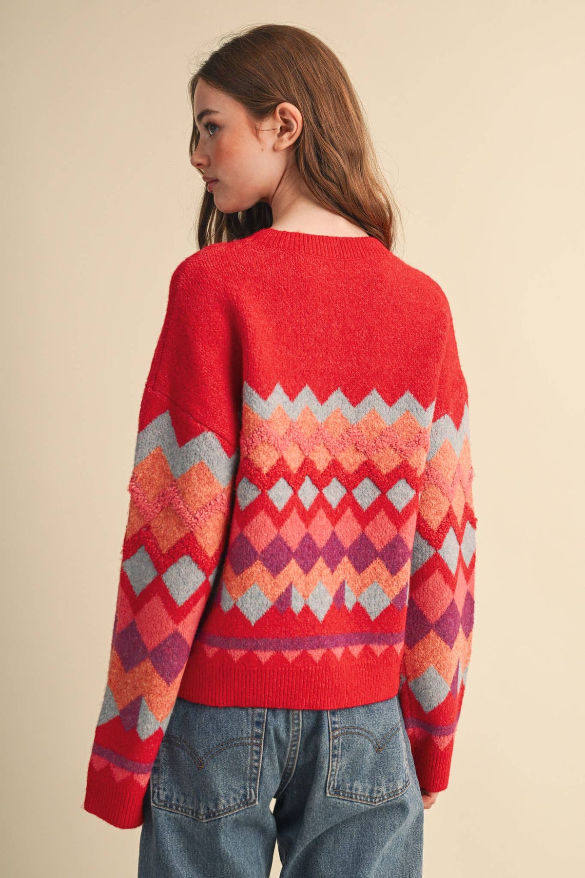 Fuzzy Texture Red Geometric Knit Sweater