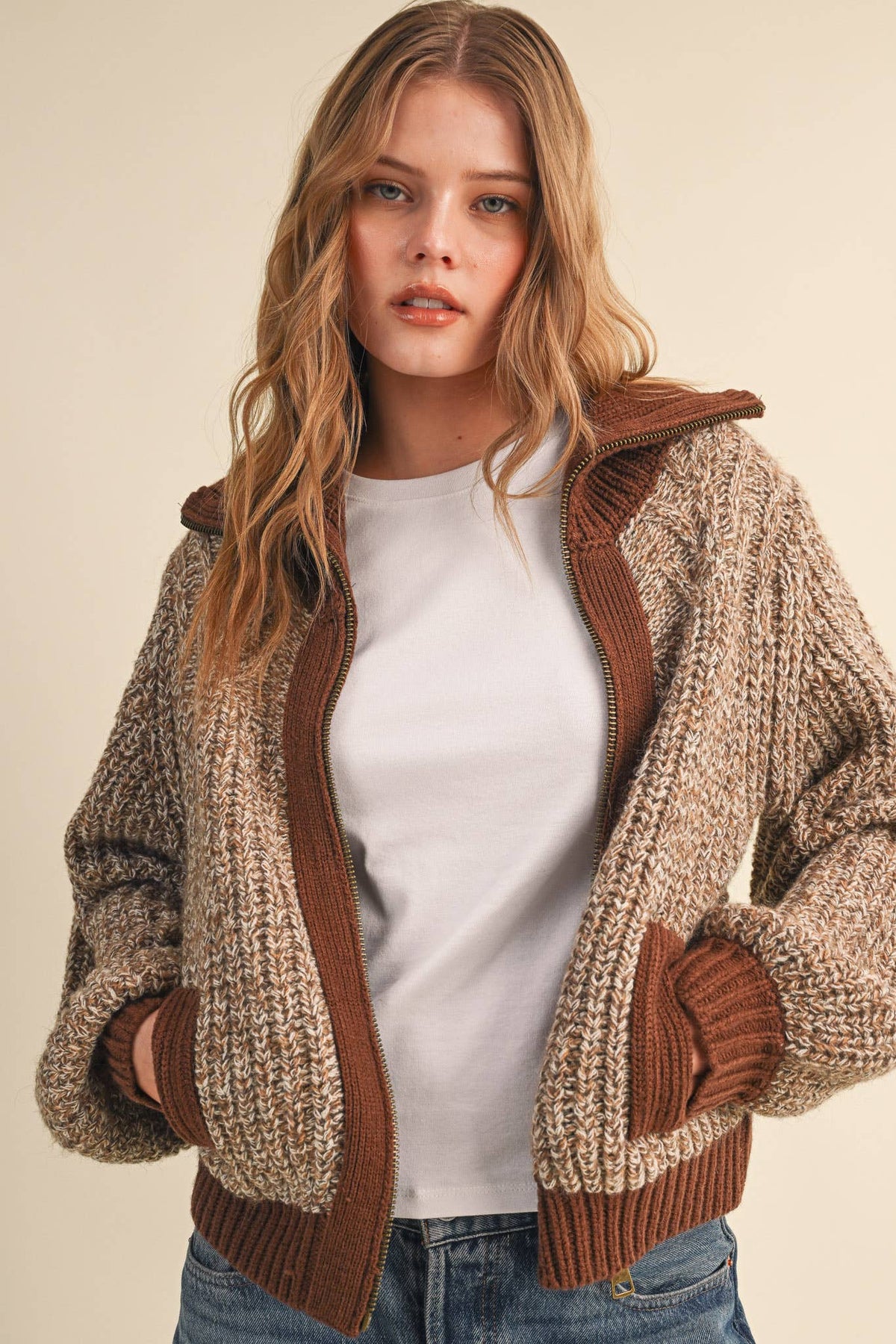 Mocha Contrast Zip Up Sweater Jacket