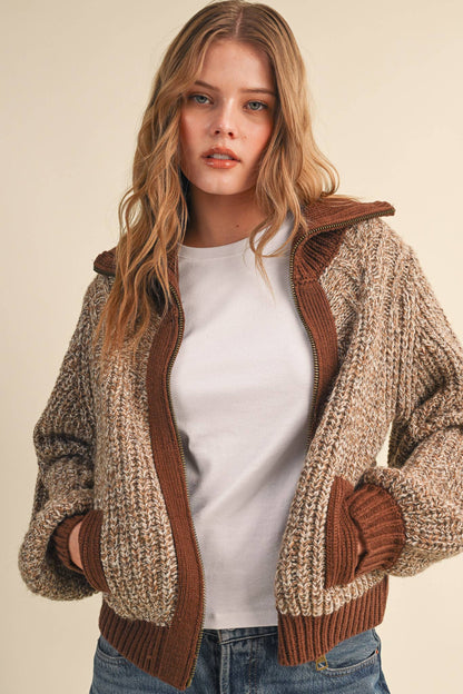 Mocha Contrast Zip Up Sweater Jacket
