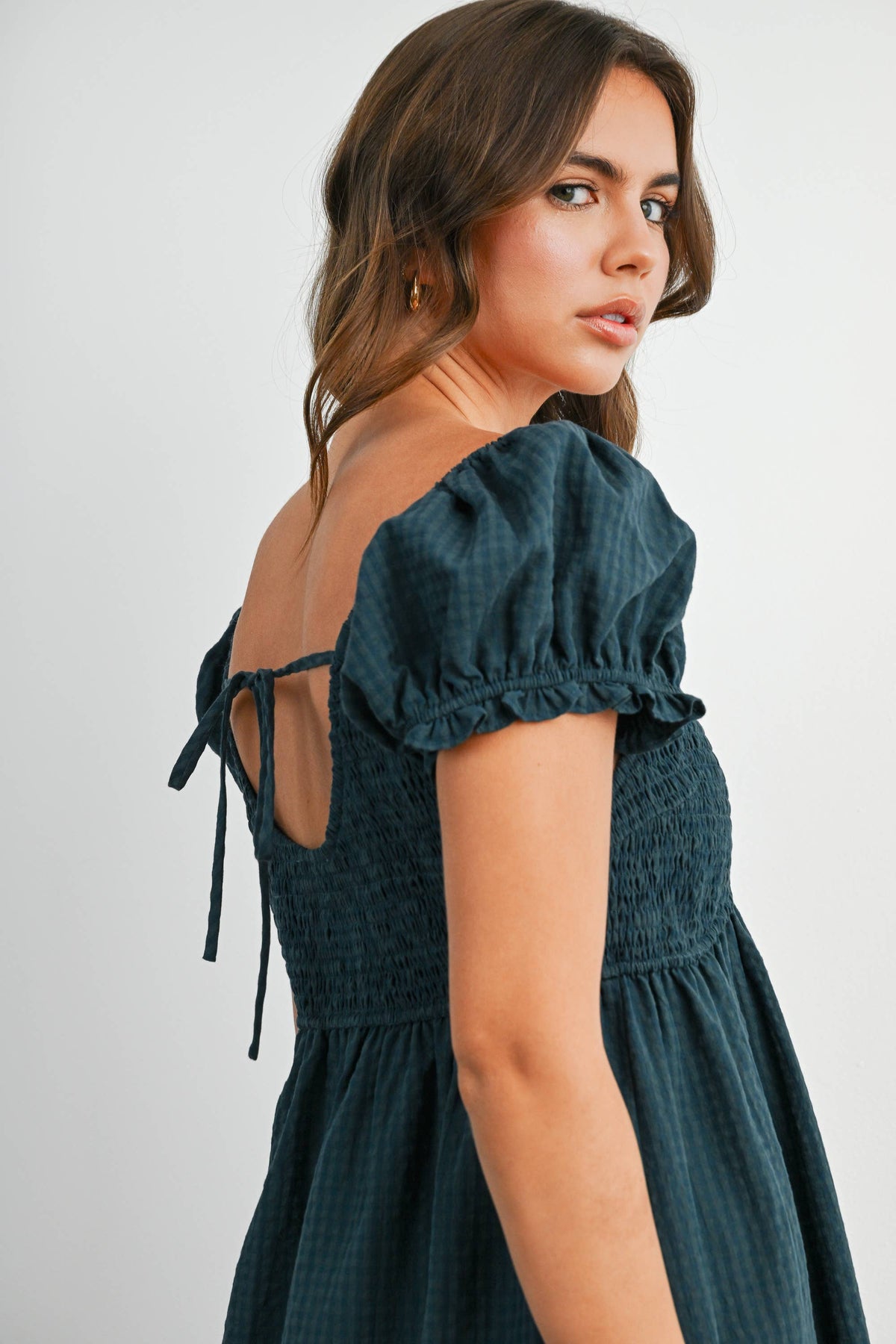 Dark Green Gingham Button-Front Mini Dress
