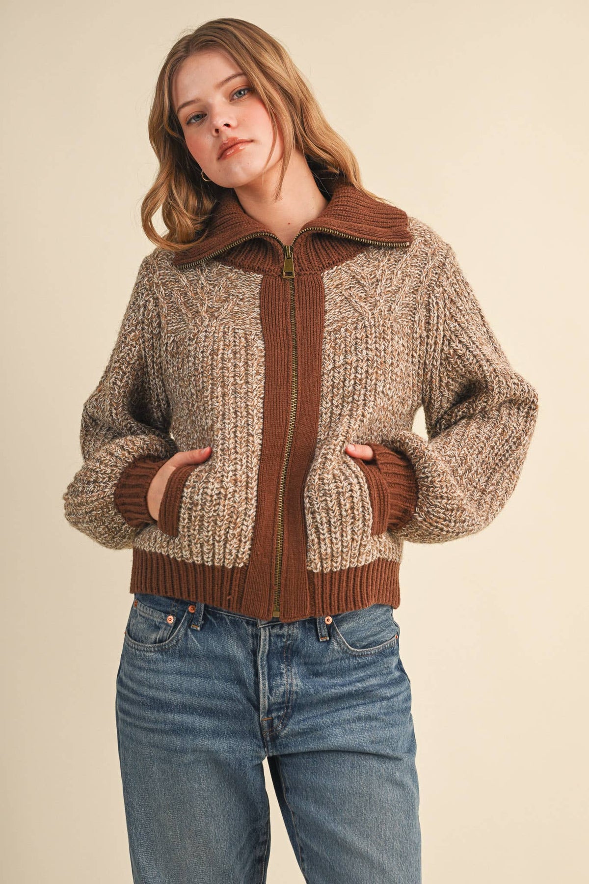 Mocha Contrast Zip Up Sweater Jacket