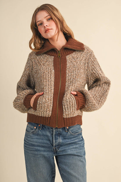 Mocha Contrast Zip Up Sweater Jacket