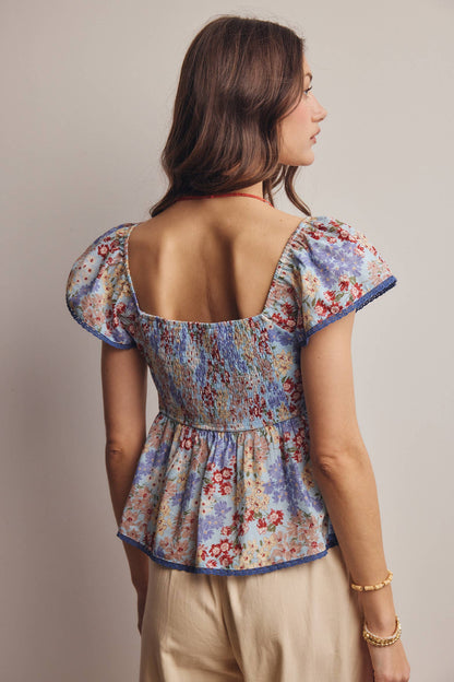 Floral Ruched Peplum Cotton Top