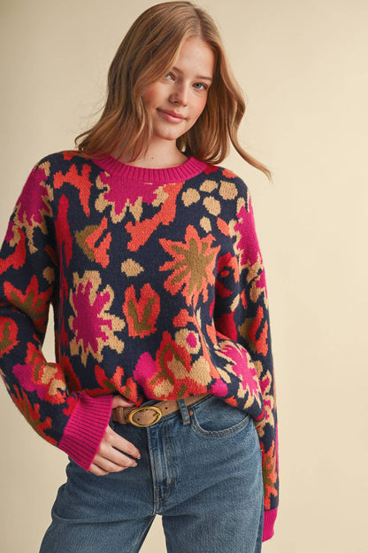 Navy and Pink Abstract Floral Knit Sweater