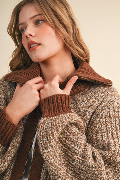 Mocha Contrast Zip Up Sweater Jacket