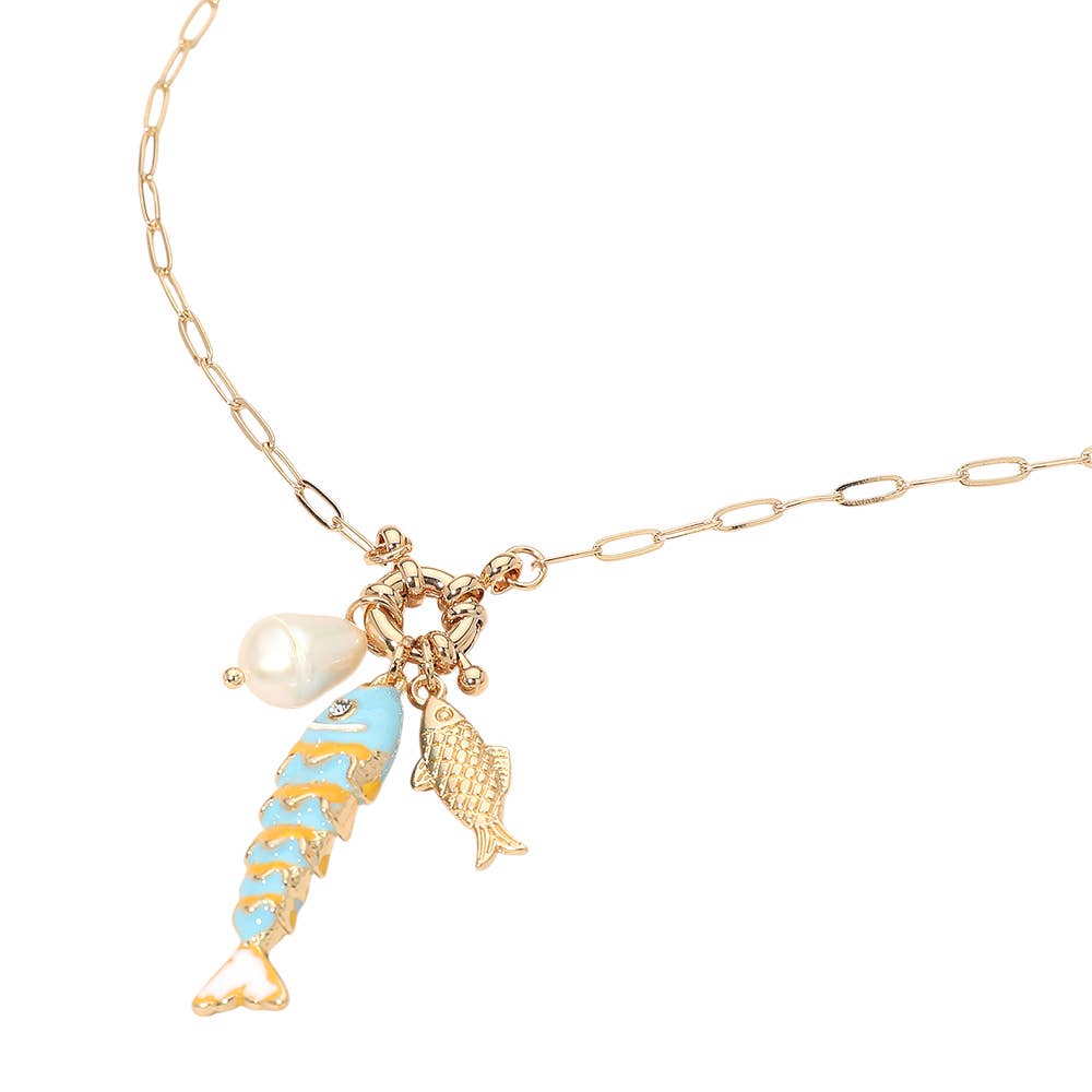 Pearl Fish Charm Pendant Necklace