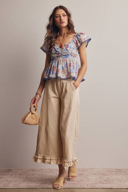 Floral Ruched Peplum Cotton Top