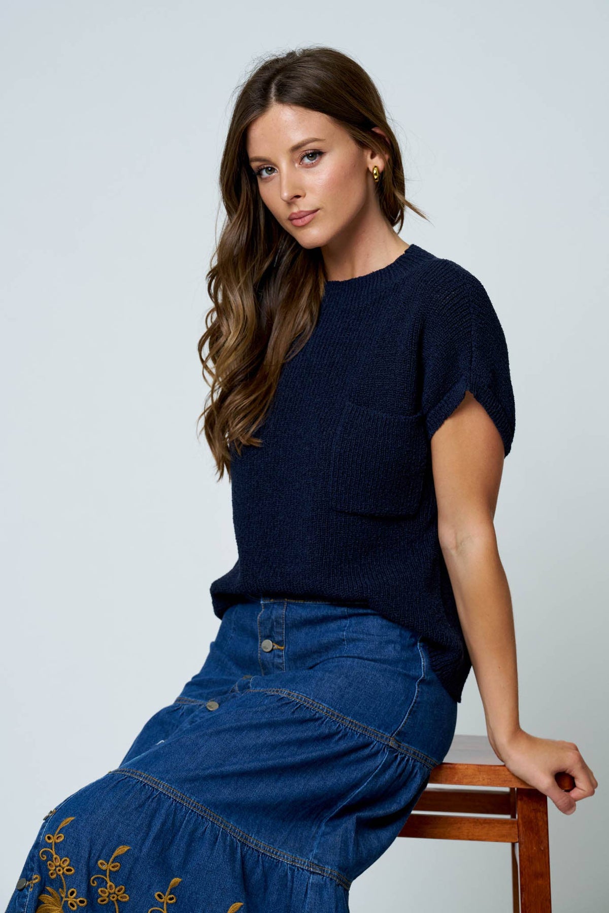 Navy Drop Shoulder Short Sleeve Sweater with Pocket