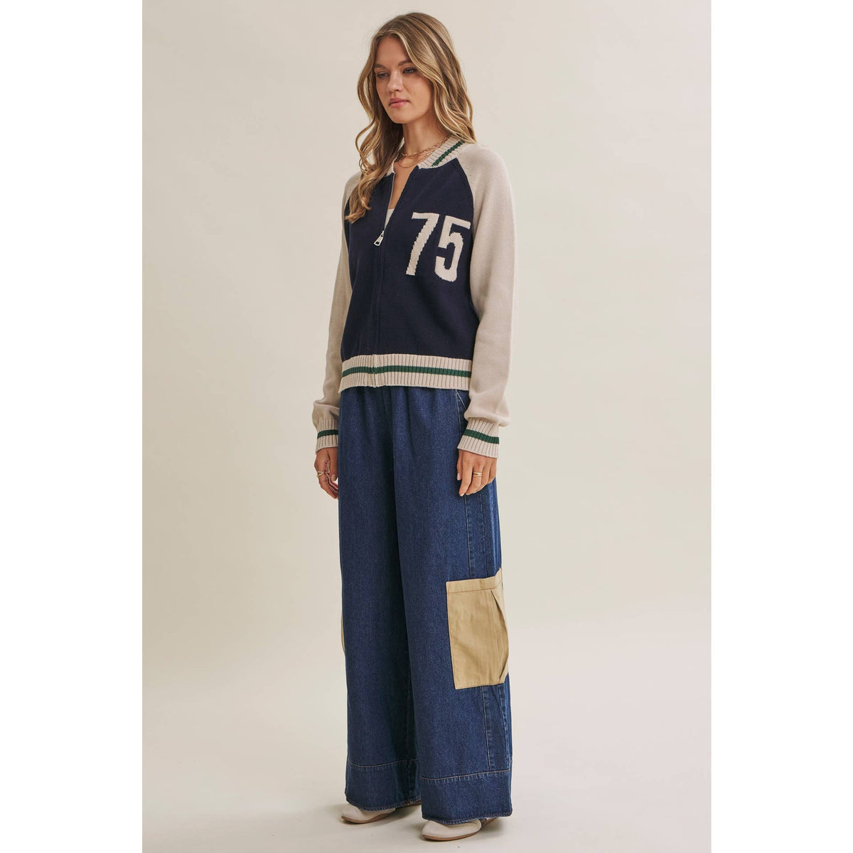 Varsity Collegiate Zip Front Cotton Sweater Bomber Jacket